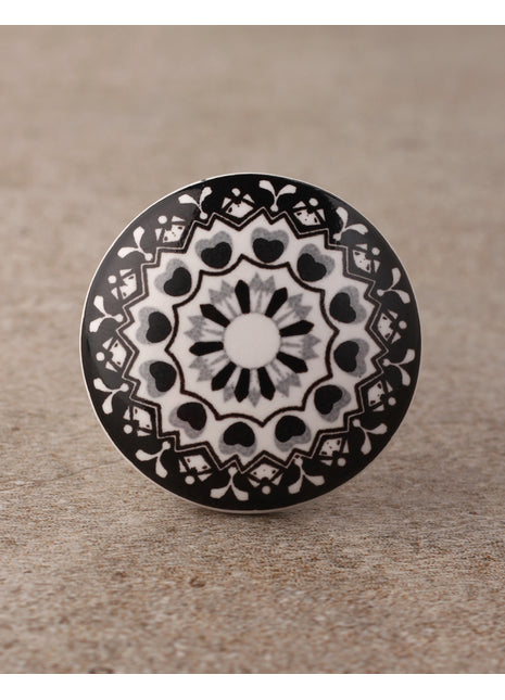 Black Floral Design Screen Printed Cabinet Knob
