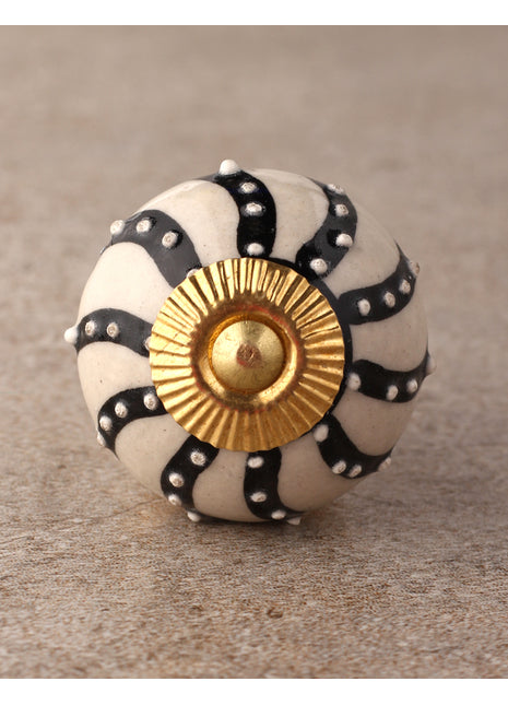 Handmade Cream Ceramic Kitchen Cabinet Knob with Black Design