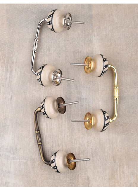 Handmade Cream Ceramic Kitchen Cabinet Pull with Black Design