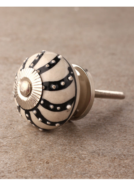 Handmade Cream Ceramic Kitchen Cabinet Knob with Black Design