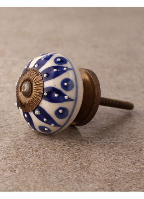 Stylish Cream Ceramic Door Knob With Blue Designer Print