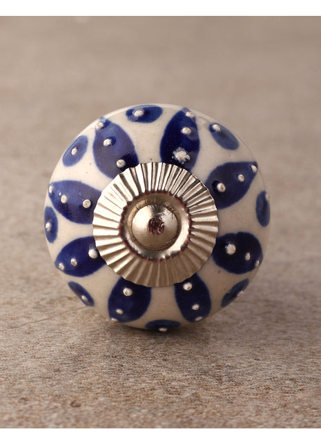 Stylish Cream Ceramic Door Knob With Blue Designer Print