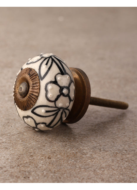 Designer Cream Ceramic Dresser Cabinet Knob With Black Print