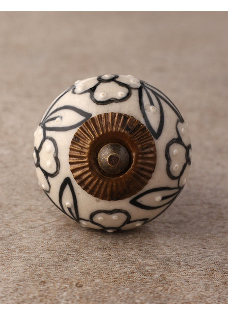 Designer Cream Ceramic Dresser Cabinet Knob With Black Print