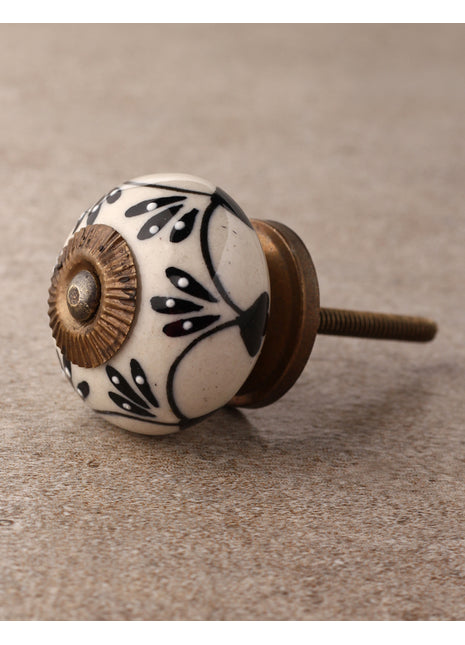Stylish White Ceramic Knob with Black Embossed Floral Print