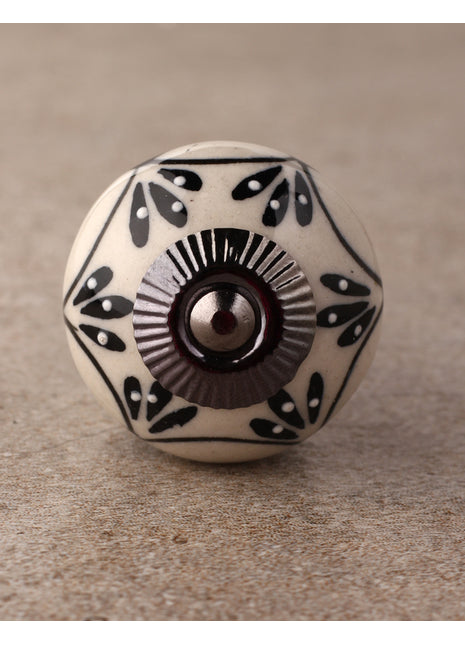 Stylish White Ceramic Knob with Black Embossed Floral Print