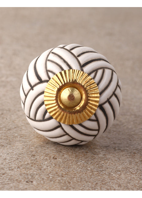 Elegant White Round Shape Ceramic Dresser Knob With Black Print
