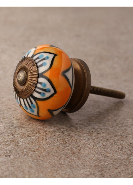 Orange Round Ceramic Dresser Knob With White Flower