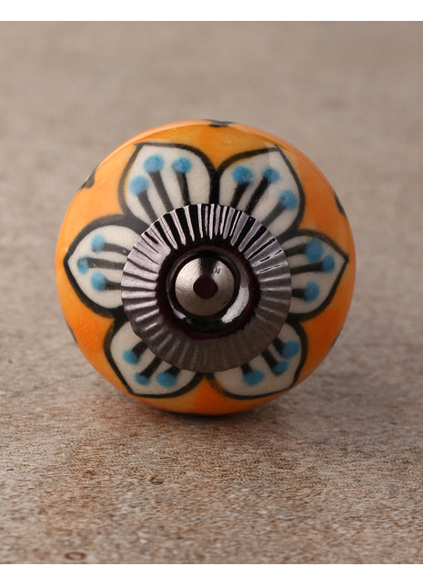 Orange Round Ceramic Dresser Knob With White Flower