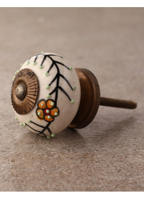 White Ceramic Door Knob With Multicolor Floral Design