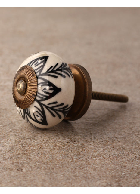 Hand Crafted White Ceramic Knob With Black Print