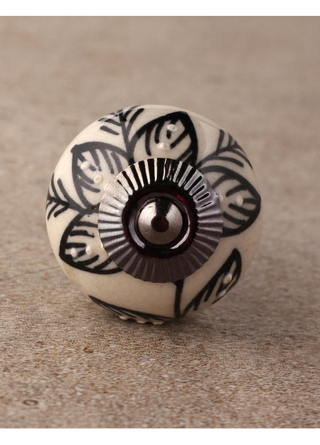 Hand Crafted White Ceramic Knob With Black Print