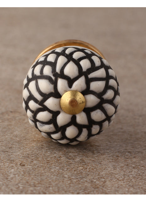 Stylish White Ceramic Dresser Knob With Black Floral Print