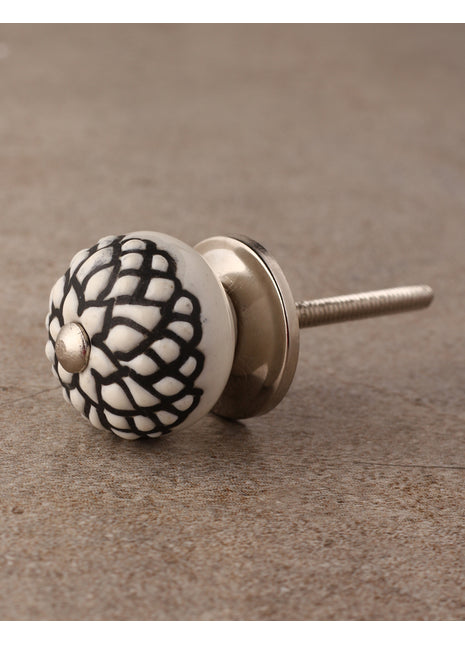 Stylish White Ceramic Dresser Knob With Black Floral Print