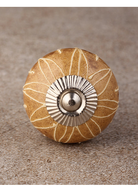 Elegant Brown Ceramic Drawer Knob With White Embossed Print