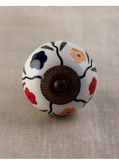 White Base Ceramic Knob With Multicolor Flowers
