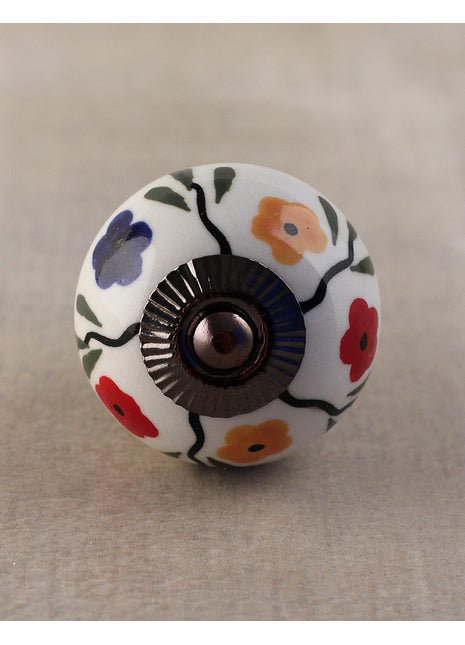 White Base Ceramic Knob With Multicolor Flowers