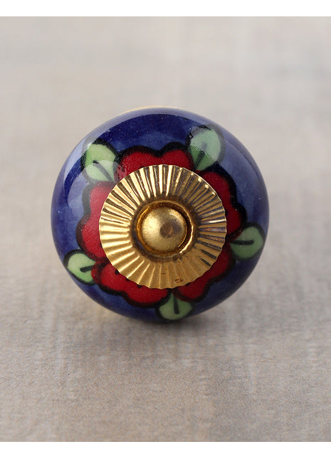 Elegant Blue Ceramic Cabinet Knob With Green Leaves And Red Flowers