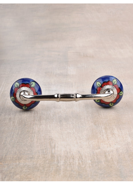 Elegant Blue Ceramic Cabinet Pull With Green Leaves And Red Flowers