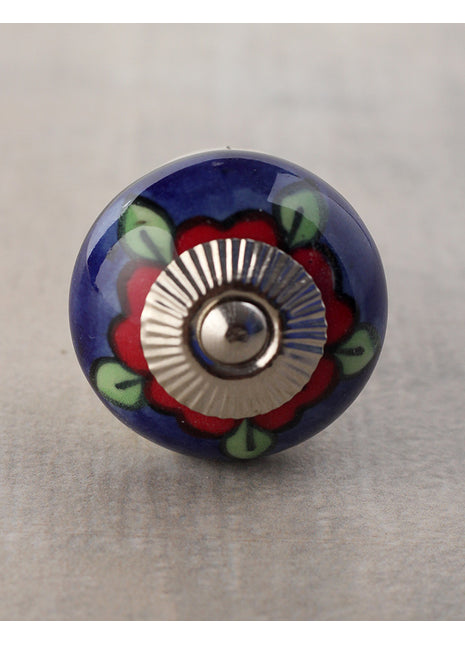 Elegant Blue Ceramic Cabinet Knob With Green Leaves And Red Flowers