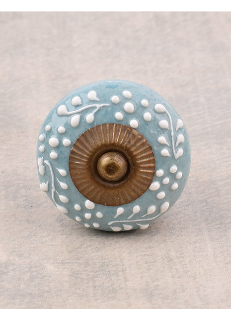 Turquoise Ceramic Knob With White Cracked Embossed Design