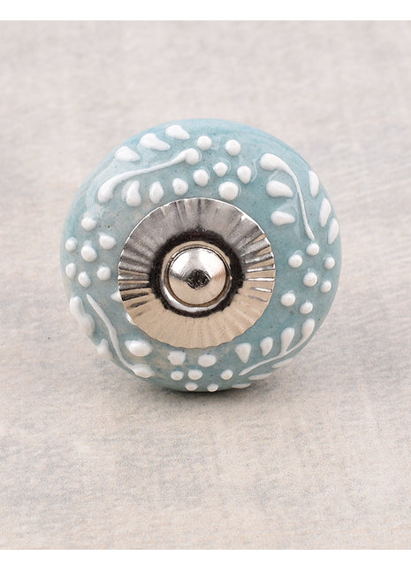Turquoise Ceramic Knob With White Cracked Embossed Design