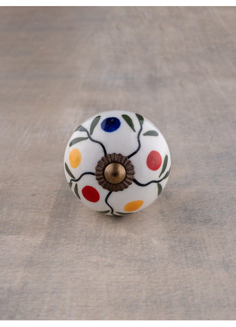 White Base Ceramic Knob With Multicolor Dots