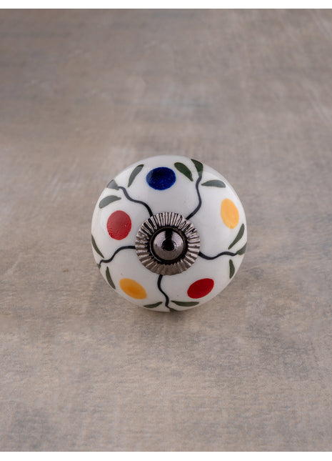 White Base Ceramic Knob With Multicolor Dots