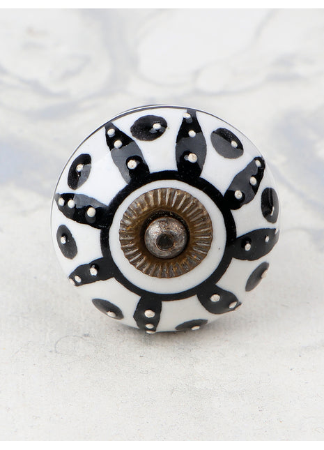 White Ceramic Kitchen Cabinet Knob with Black Design