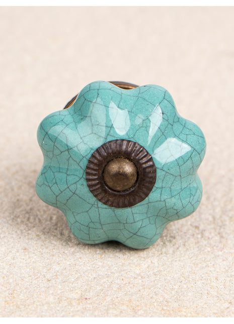 Cracked Teal Shade Flower Shaped Ceramic Drawer Knob