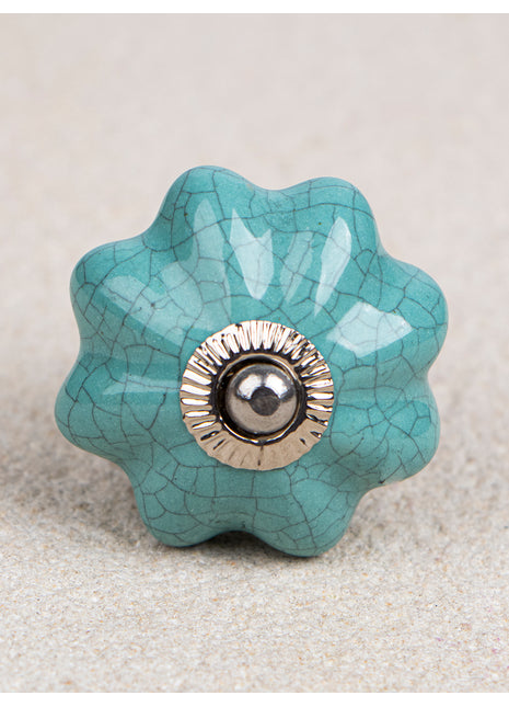 Cracked Teal Shade Flower Shaped Ceramic Drawer Knob