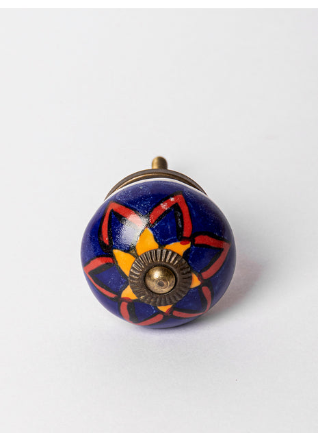 Elegant Blue Ceramic Cabinet Knob With Yellow Flowers
