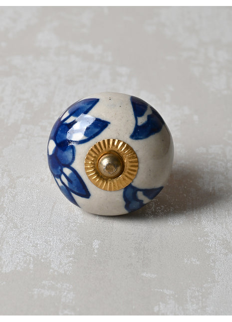 Blue Flower design On White Base Ceramic Knob