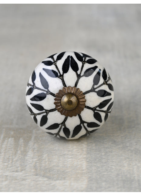Stylish White Ceramic Kitchen Cabinet Knob With Black Leaves