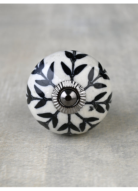 Stylish White Ceramic Kitchen Cabinet Knob With Black Leaves