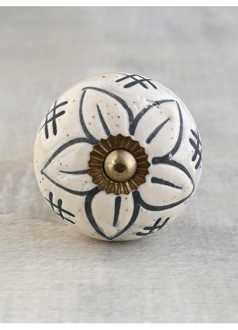White Round Ceramic Embossed Door Knob With Black Flower