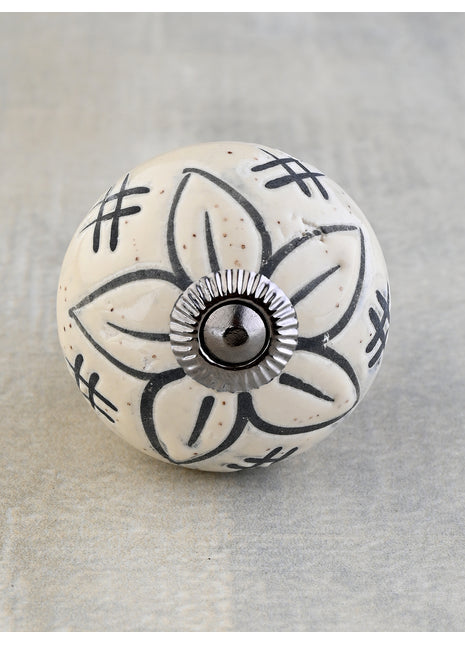 White Round Ceramic Embossed Door Knob With Black Flower