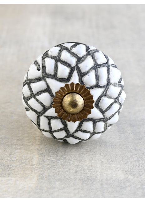 Buy Handmade White Ceramic Door Knob with Black Geometric Design | Knobco