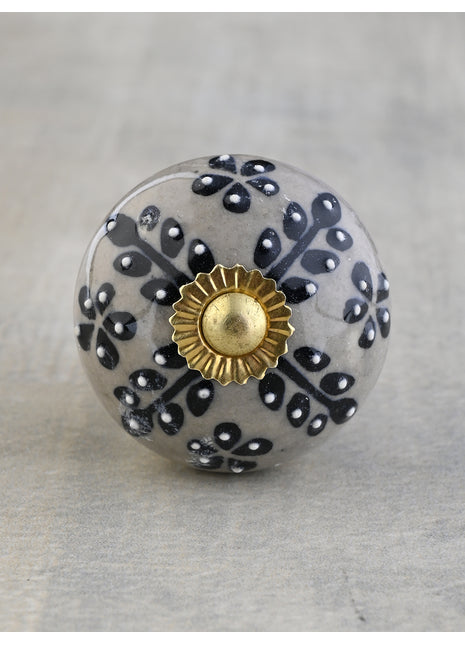 White Dots Ceramic Drawer Cabinet Knob With Black Leaves