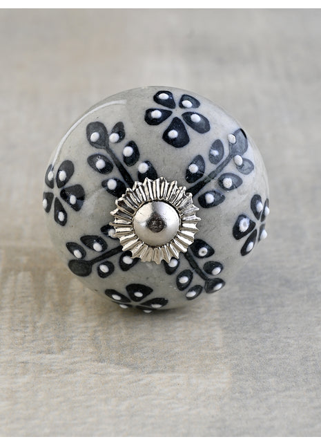 White Dots Ceramic Drawer Cabinet Knob With Black Leaves
