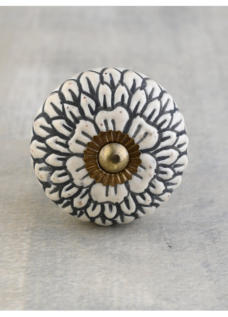 White Ceramic Door Knob With Black Multi-Floral Layer