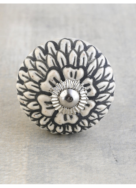 White Ceramic Door Knob With Black Multi-Floral Layer