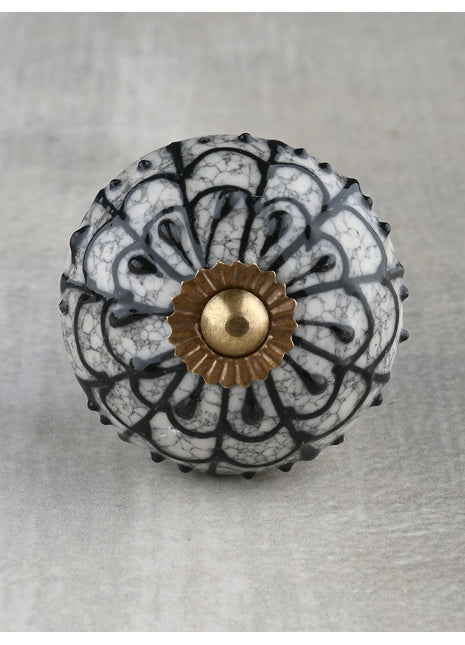 Grey Ceramic Door Knob With Black Crackle And Embossed Print