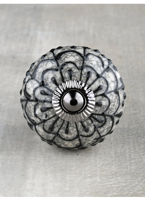 Grey Ceramic Door Knob With Black Crackle And Embossed Print