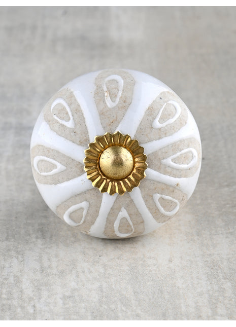 White Ceramic Designer Embossed Dresser Cabinet Knob