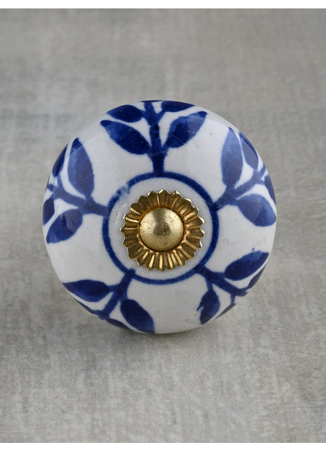 White Ceramic Drawer Cabinet Knob With Blue Petals