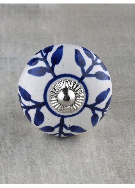 White Ceramic Drawer Cabinet Knob With Blue Petals