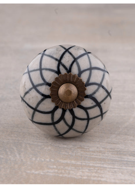 Handmade Black Flower Design on Light Gray Base Kitchen Cabinet Drawer Dresser Knob