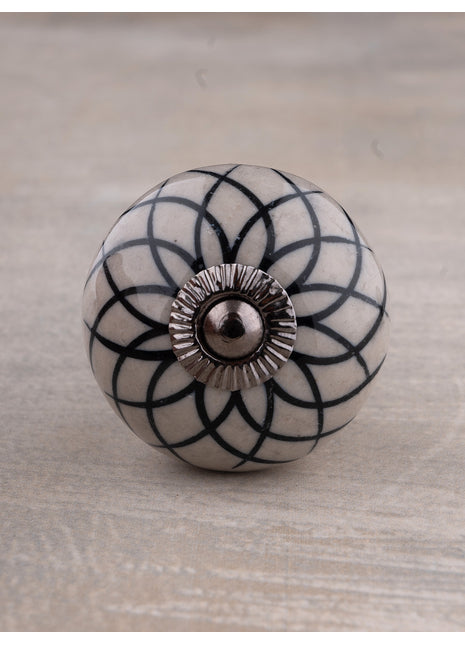 Handmade Black Flower Design on Light Gray Base Kitchen Cabinet Drawer Dresser Knob