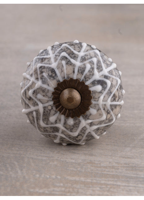 Embossed Handmade White Design on Light Gray Base Kitchen Cabinet Drawer Dresser Knob